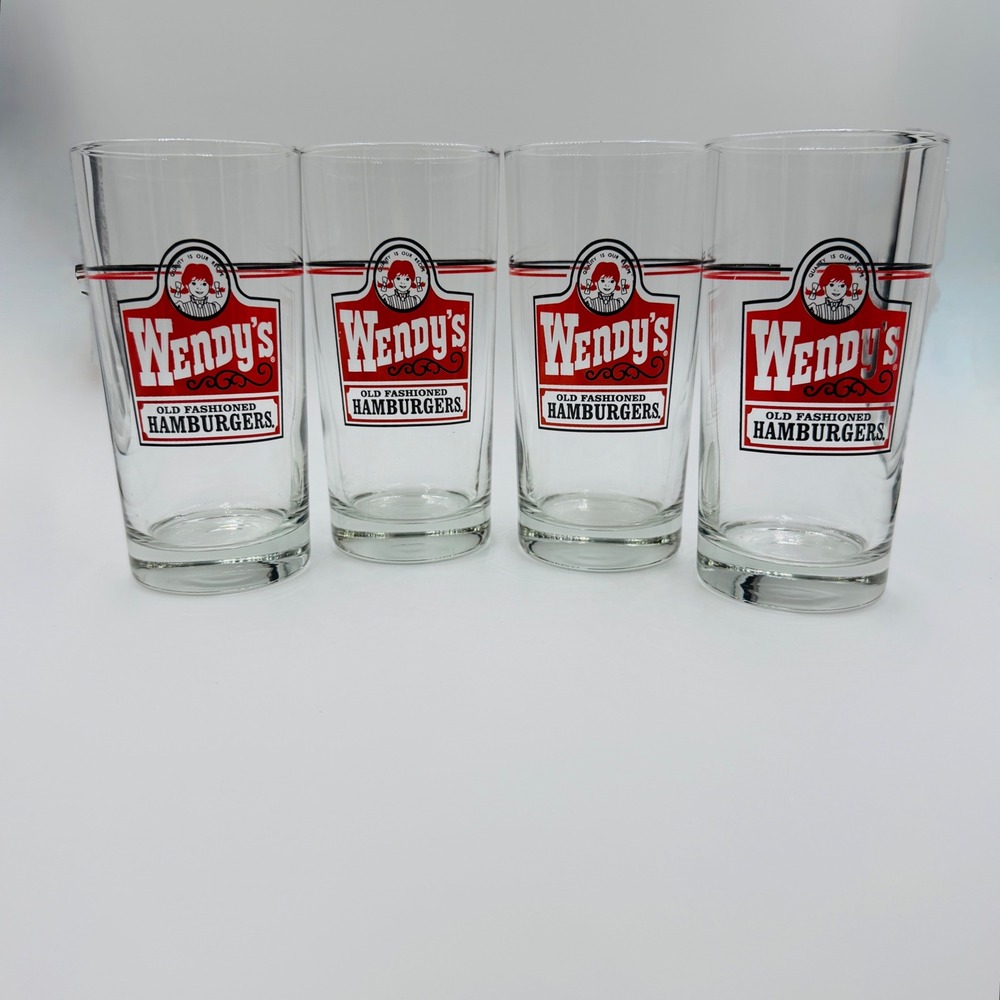 Wendy's Drinking Glasses Set of 4 Red Black Old Fashioned Hamburgers 1980's
